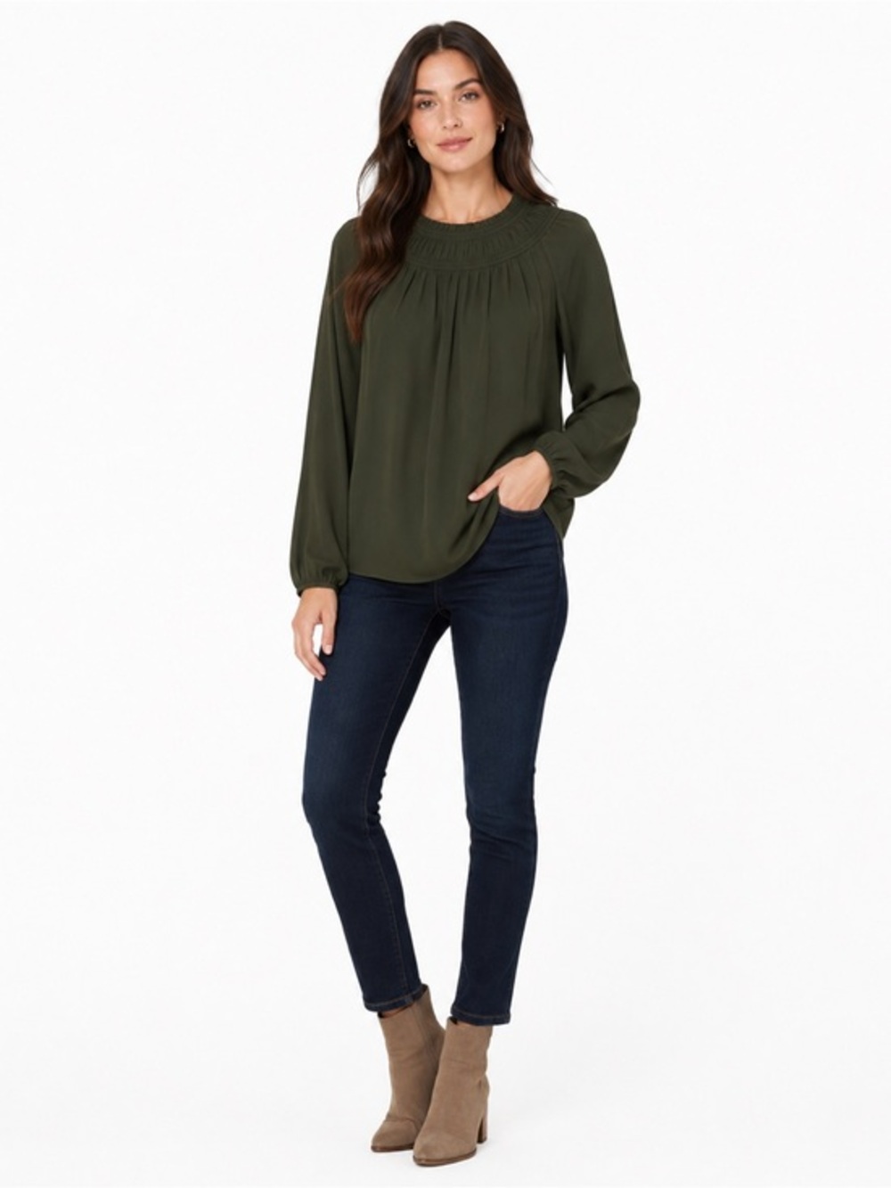 LOFT Olive Green Smocked Long Sleeve Blouse Size Large Flowy Fall Top - Picture 2 of 9
